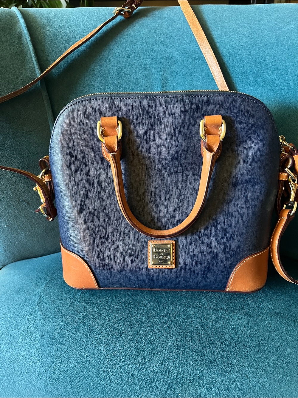 Dooney & Bourke Navy and Tan Leather Dome Satchel